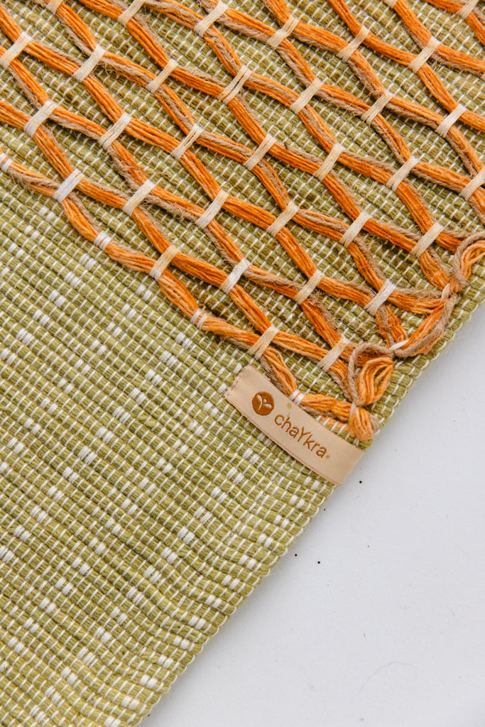 Non-Slip Cotton Yoga Mat (green base & orange criss-cross)
