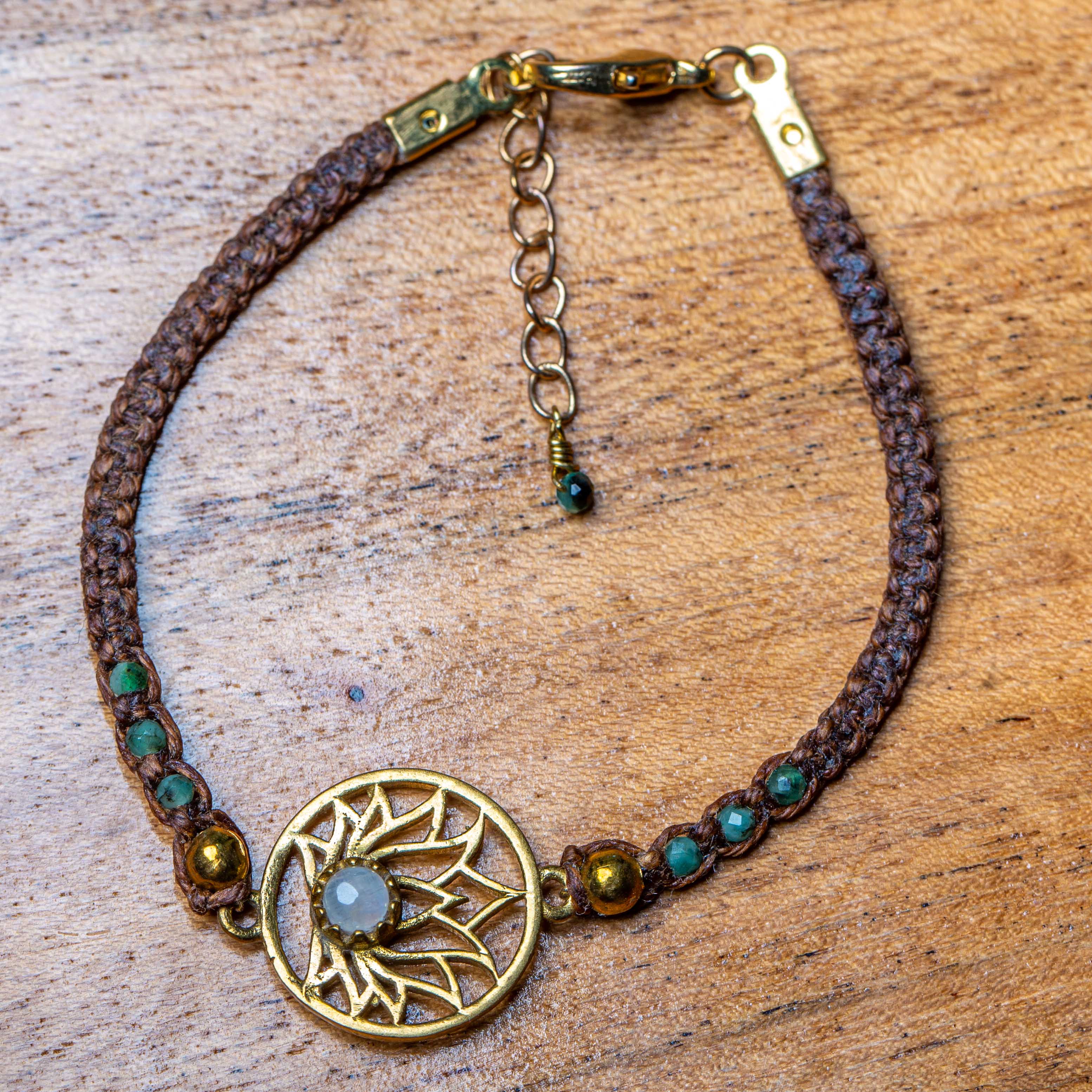 Moonstone Lotus Macramé Bracelet with Emeralds