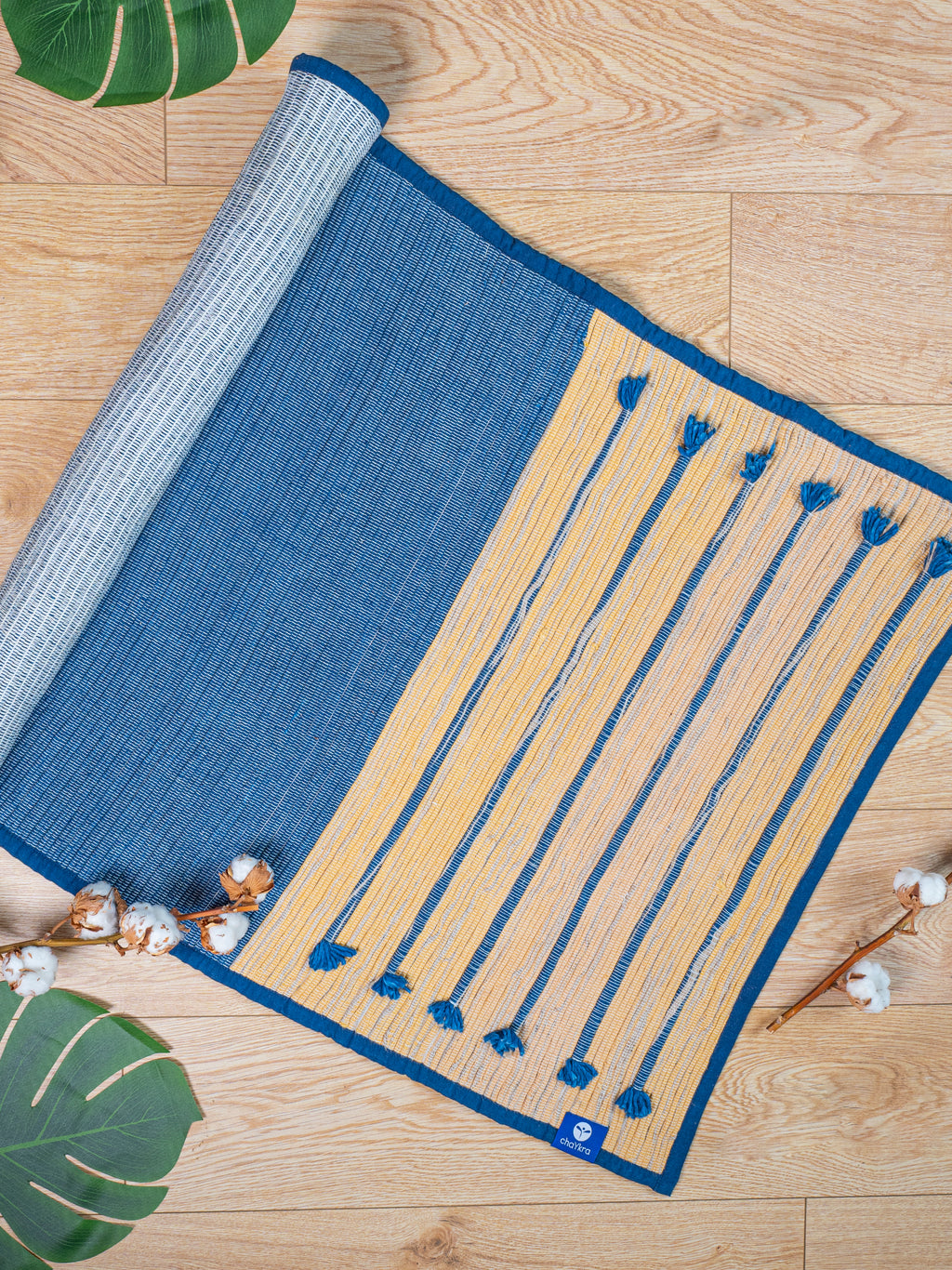 Jute-Cotton Yoga Mat - Denim Blue with Pattern